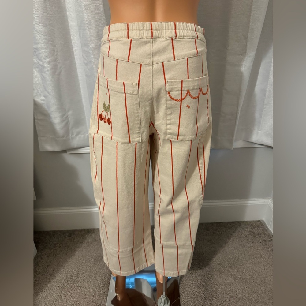Cool Pilcro Anthropologie size M cream red stripe embroidered wide leg pants - Picture 5 of 6